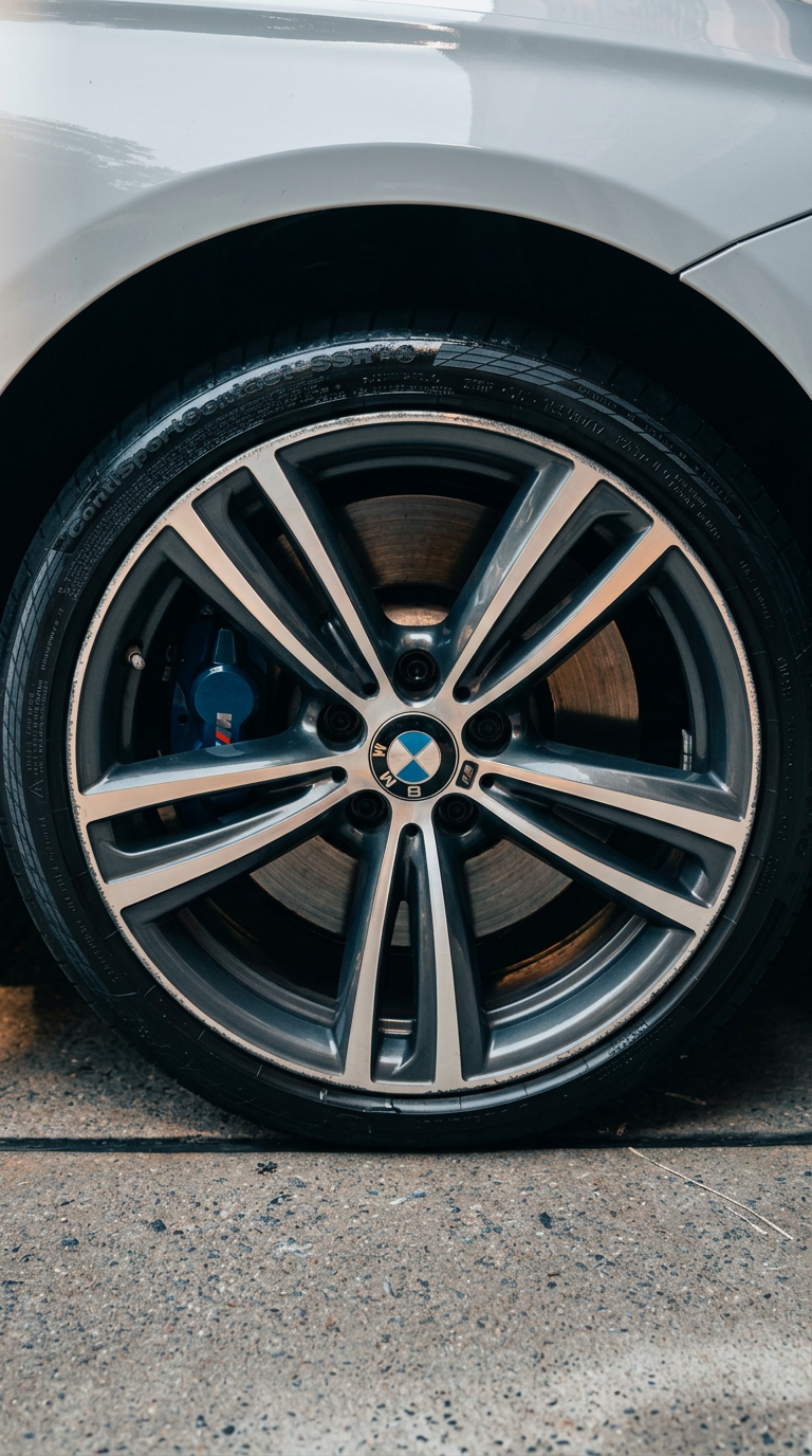 Clean BMW alloy wheel with dressed tire after Miller's Detailing wheel detail